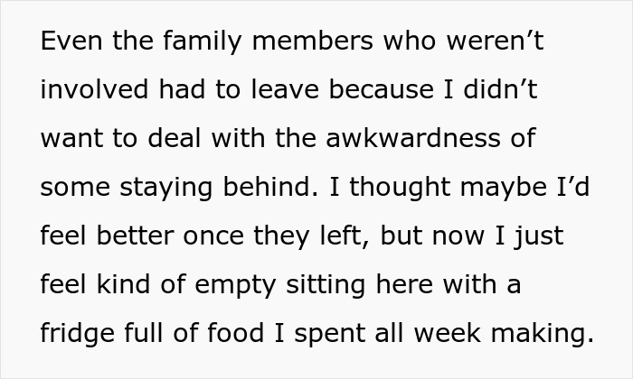 Text excerpt about woman dealing with conservative uncle, feeling empty after kicking family out of Thanksgiving dinner.