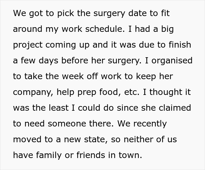 Text excerpt about organizing a surprise family visit and support during a planned surgery amid work schedule challenges.