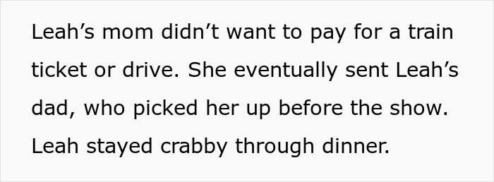 Text excerpt describing a 12-year-old ruining a birthday, causing drama between moms, and staying crabby through dinner.