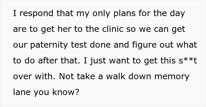 Text on a white background showing a message about planning a paternity test to expose a baby lie and find peace.