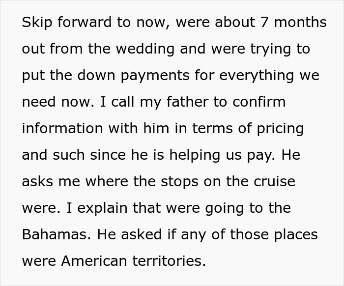 Text discussing a father refusing to attend wedding because it&rsquo;s not on American soil, focusing on wedding and American territories.