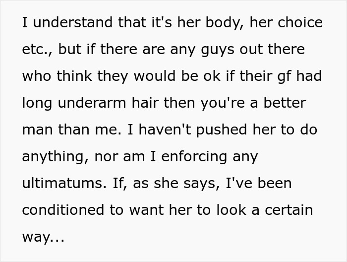 Text discussing a man regretting mocking his girlfriend's long beauty routine including shaving and wearing makeup.