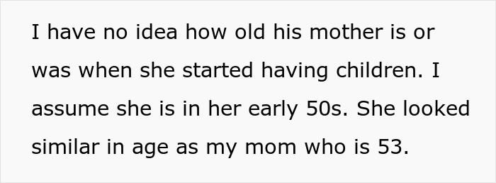 Text excerpt discussing assumptions about boyfriend's mother and family expectations regarding age and parenting.