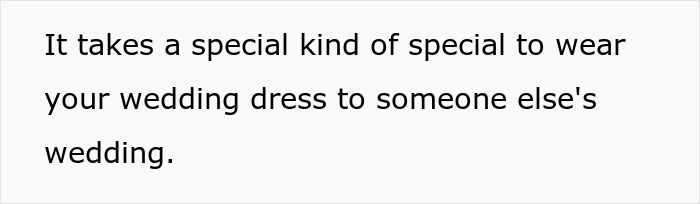 Guest wearing own wedding dress at a wedding, highlighting a unique and bold fashion choice for special occasions.