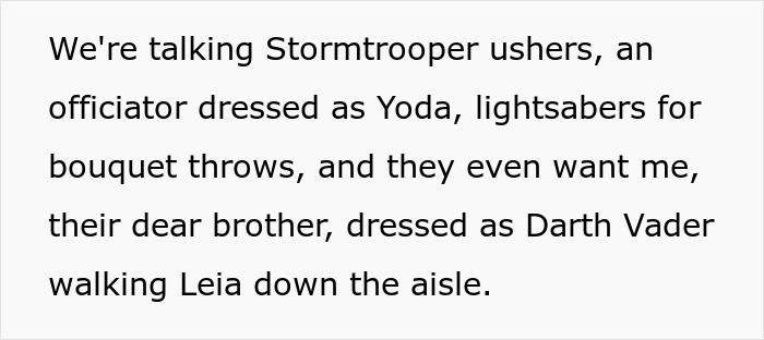 Brother panics as bride turns wedding into Star Wars saga with Stormtroopers, Yoda, and Darth Vader roles.