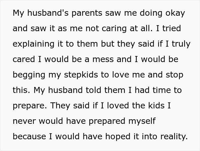 Text about stepmom being unfairly blamed by husband's parents while dealing with stepkids' hatred fueled by mom's influence.