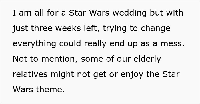 Text discussing concerns about a Star Wars wedding planned three weeks in advance and possible family challenges.