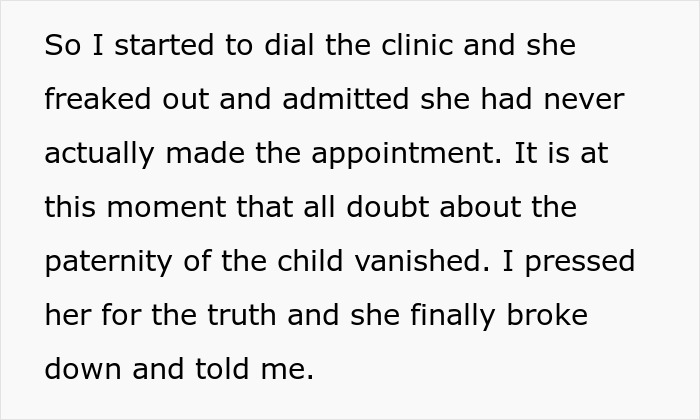 Text excerpt describing a cheater trying to trap her ex with a baby lie, who calls her bluff and finds peace.