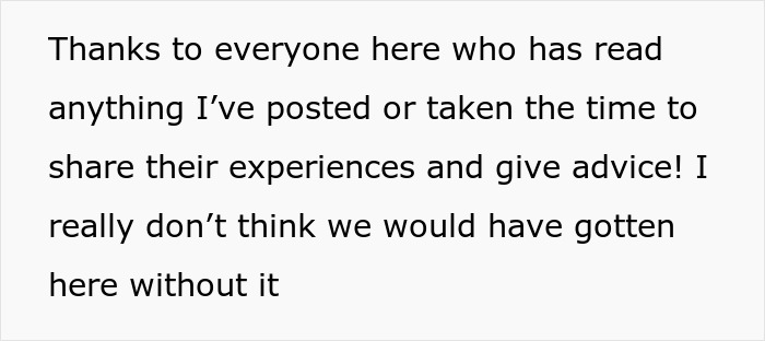 Screenshot of a heartfelt message thanking readers for sharing experiences and advice about new mom confronting MIL behavior.