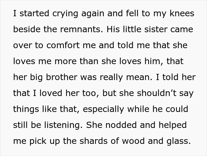 Alt text: Emotional moment after boyfriend destroyed girlfriend&rsquo;s grandma&rsquo;s jewelry box, with comfort and broken shards of wood and glass.