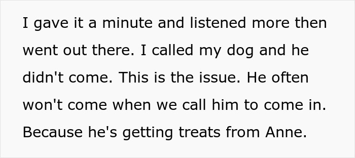 Text about elderly lady allegedly planning to steal neighbor&rsquo;s dog, with owner in shock discussing dog not coming when called.