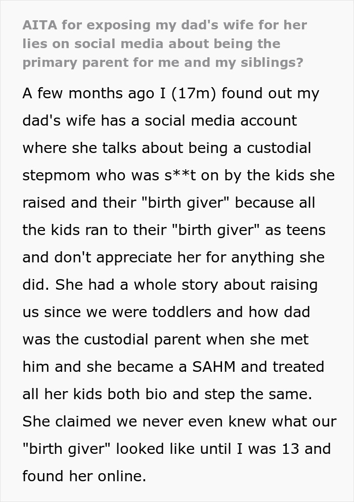 Teen upset with stepmom&rsquo;s hypocrisy after being called out publicly for lies shared on social media about parenting.