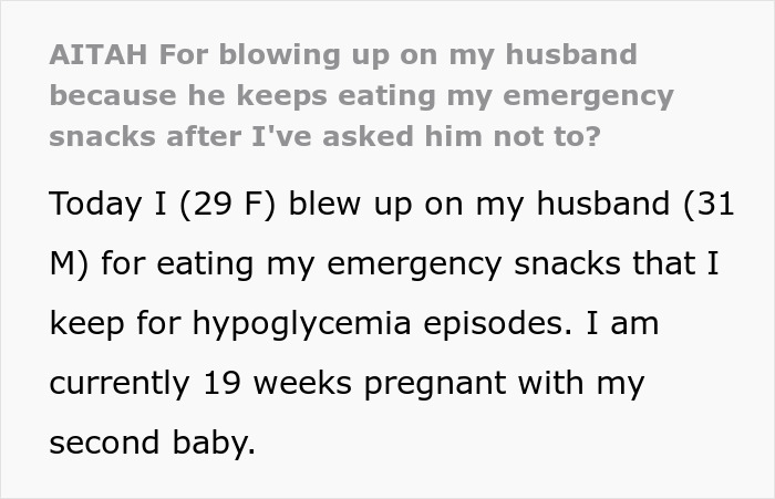 Pregnant woman frustrated as angry husband eats emergency snacks meant for hypoglycemia episodes. Pregnant woman frustrated as angry husband eats emergency snacks meant for hypoglycemia episodes.