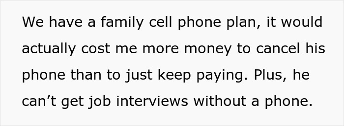 Text about a family cell phone plan and difficulties canceling it due to a 20-year-old mooching off parents.