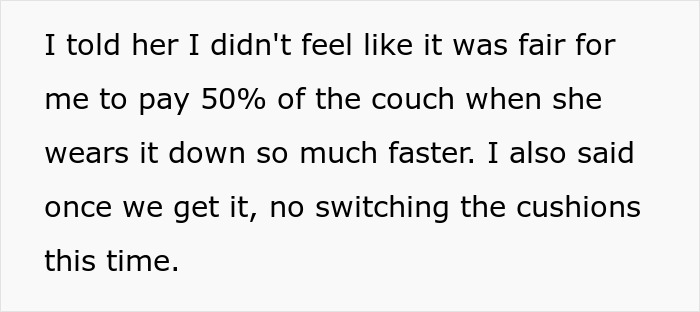 Text discussing fairness in paying for a new couch due to one roommate wearing it down faster and cushion switching rules.