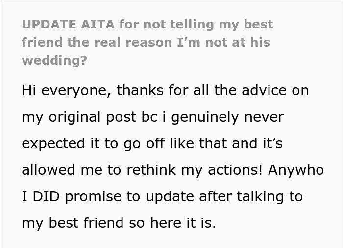 "[Am I The Jerk] For Not Telling My Best Friend The Real Reason I'm Not At His Wedding?"