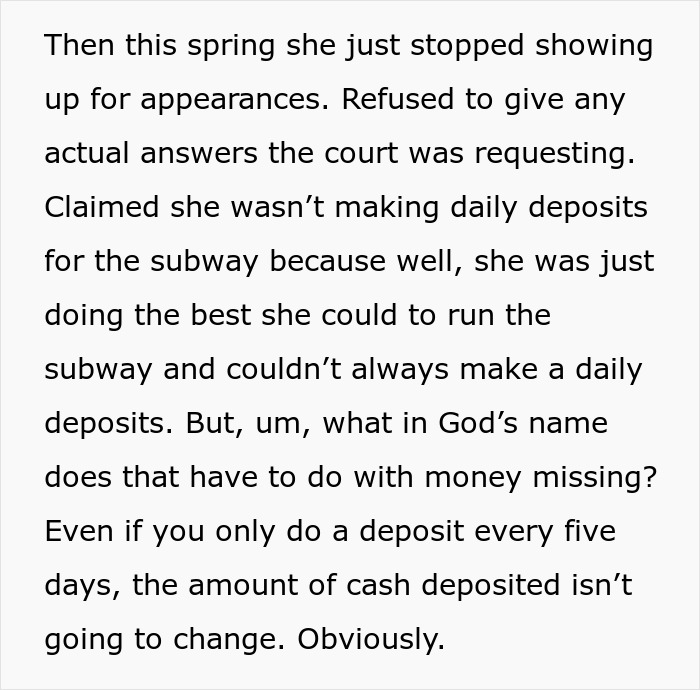Text excerpt discussing a grieving daughter confronting step-monster over missing daily deposits and financial disputes in court.