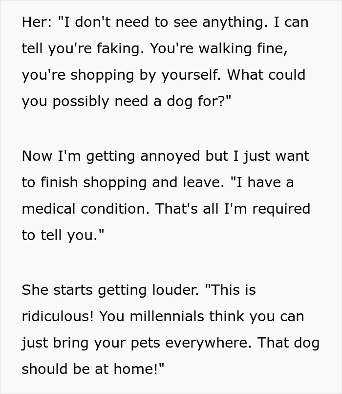 Woman confronts shopper about service dog fraud, accusing them of faking a medical condition during dispute.