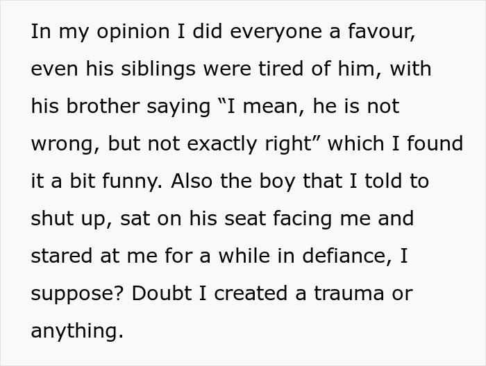 Text excerpt discussing a man telling a disruptive kid on a plane to shut up, upsetting the mom.