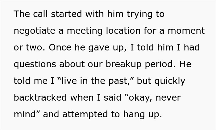 Text excerpt showing a tense phone call during a breakup period, highlighting a man&rsquo;s reaction after his girlfriend refuses.