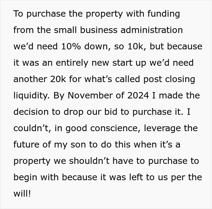 Text discussing the decision to drop a bid on property funding amid financial and family concerns.