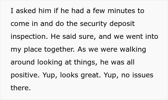 Text excerpt showing a landlord acting positive during an inspection before the rent is doubled, highlighting on-site landlord acts awful.