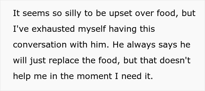 Text showing frustration about a husband eating emergency snacks that are needed by pregnant woman. Text showing frustration about a husband eating emergency snacks that are needed by pregnant woman.