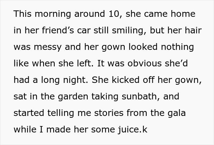 Woman at gala with client as date, returning home late with messy hair and disheveled gown after a long night out.