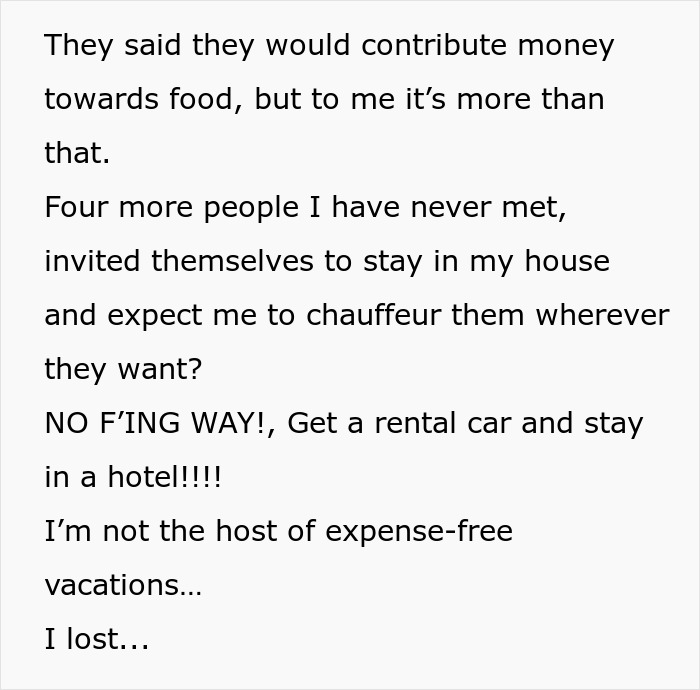 Text expressing frustration of a husband hosting wife&rsquo;s distant relatives without thanks and refusing to do it again.