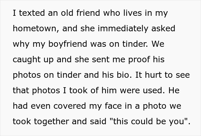Text message revealing a man announces breakup to everyone except his girlfriend of seven years through Tinder photos.