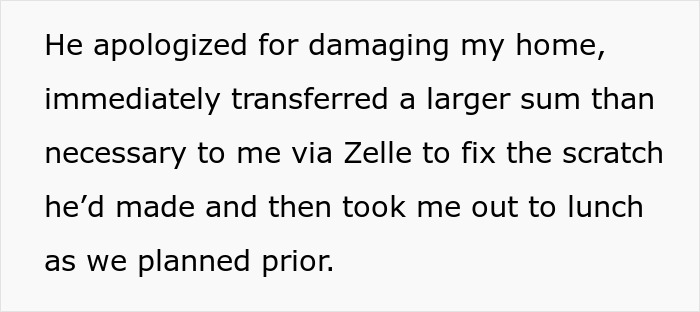 Text showing an apology for damaging a home, transferring money via Zelle, and taking someone out to lunch as planned.
