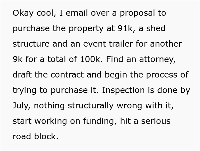 Text excerpt discussing a proposal to purchase property including structures, attorney involvement, and funding challenges.