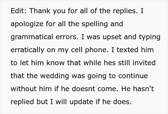 Text message apology and update about bride&rsquo;s father refusing to attend wedding not on American soil.