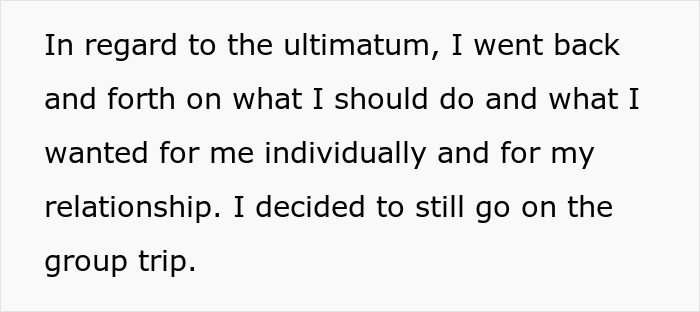 Text about boyfriend reconsidering relationship after girlfriend objects to trip with female friend, showing relationship conflict.