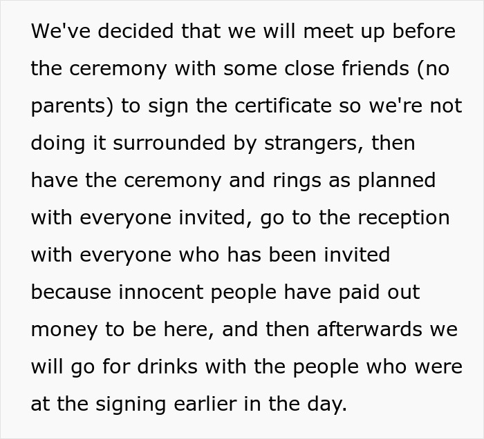 Couple plans wedding ceremony and signing with close friends after sabotage by parents days before the event.