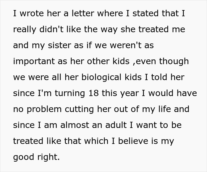 Text excerpt from a teen torn about continuing to see biological mom due to feeling treated like a second-rate child. Text excerpt from a teen torn about continuing to see biological mom due to feeling treated like a second-rate child.
