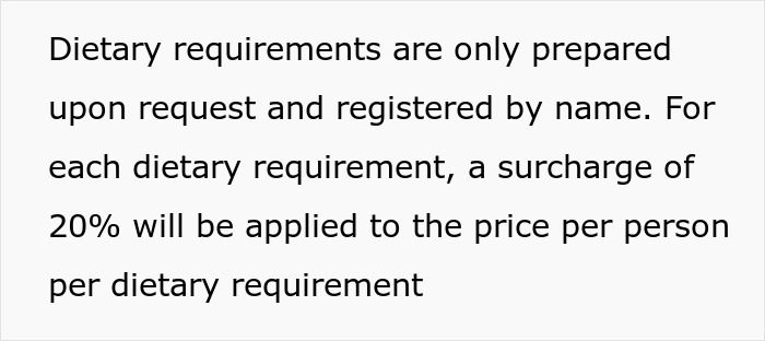 Text about dietary requirements and surcharge for wedding vendors handling allergy requests, highlighting wedding vendors and allergy keywords.