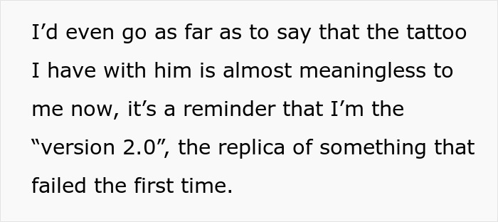 Text excerpt discussing a woman reflecting on a couple tattoo with her ex-boyfriend and its changed meaning.