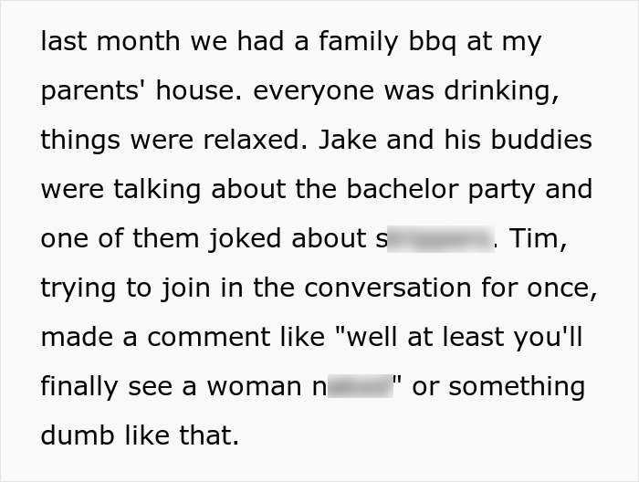 Text describing a man mocking his brother-in-law at a family BBQ, leading to uninviting him from the wedding.