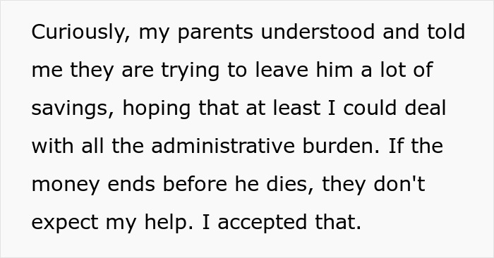 Text excerpt discussing parents asking son to care for disabled brother and handling administrative burdens after they&rsquo;re gone.