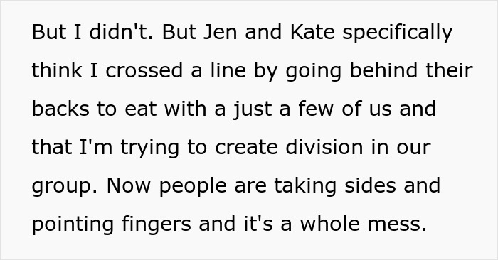 Text excerpt about a woman inviting only some members of her friend group for dinner causing division and conflict.