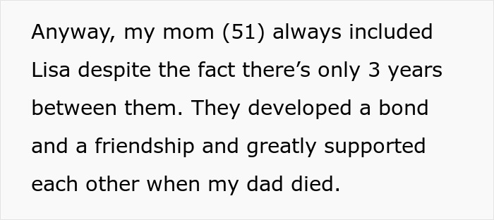 Text excerpt about a woman&rsquo;s mom and Lisa forming a bond and supporting each other after the dad died.