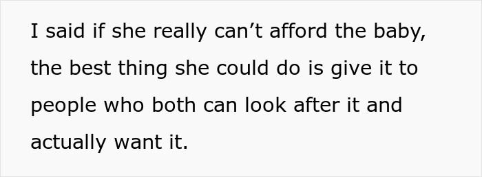 Text on a white background discussing a woman unable to afford her baby and suggesting giving it to people who want and can care for it.