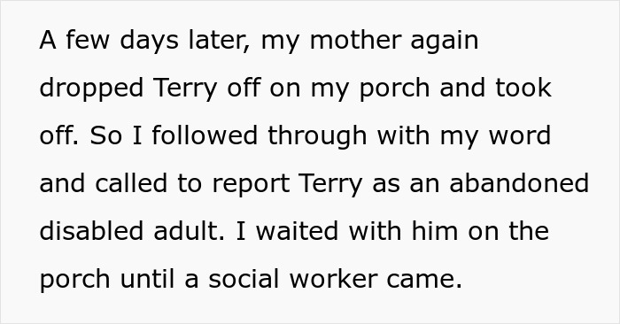 Text excerpt about a woman setting boundaries regarding care for her disabled brother after a drop-off incident.