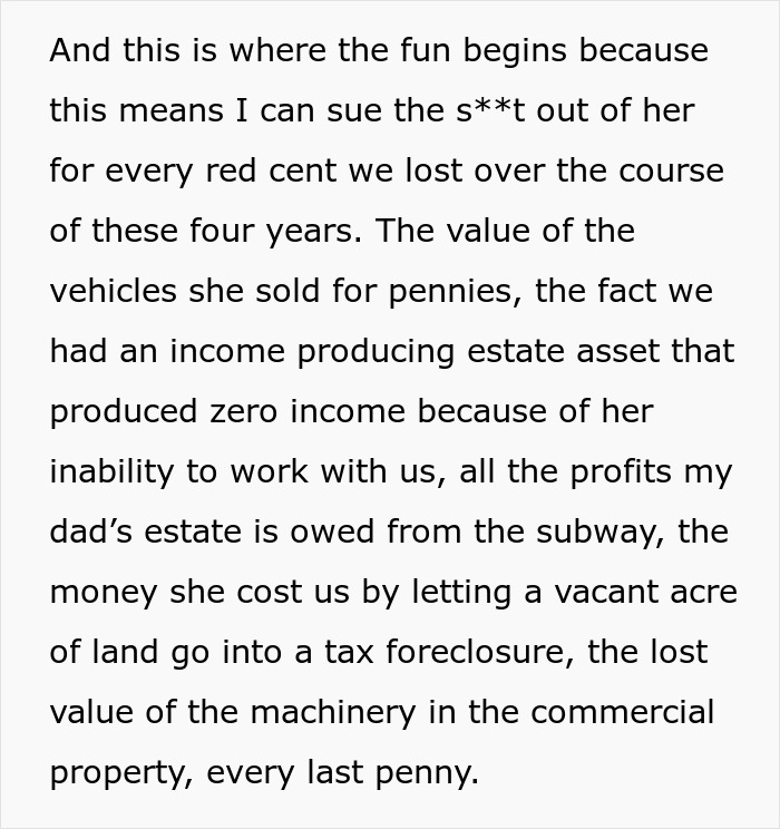 Text excerpt showing a grieving daughter determined to drive step-monster to financial ruin by suing for losses.