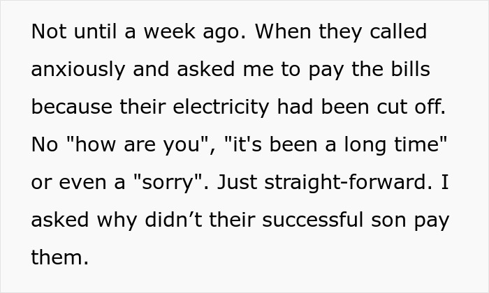 Text discussing parents&rsquo; blatant favoritism and their son refusing to help with bills after electricity was cut off.