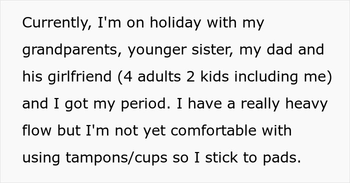 Text about a clueless dad suggesting paper towel for swimming on period, and a 15-year-old calling out his idea.