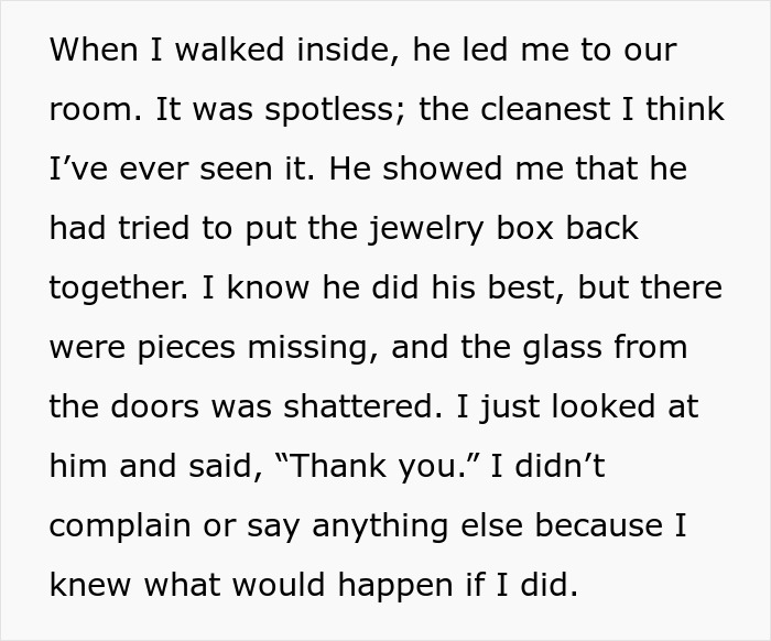 Alt text: Man trying to fix shattered glass and missing pieces of a grandmother&rsquo;s jewelry box after destruction by boyfriend