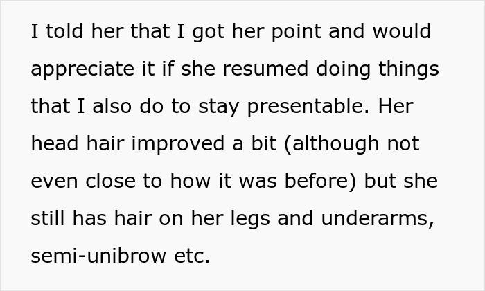 Text excerpt discussing a man begging girlfriend to resume shaving and wearing makeup after regret.