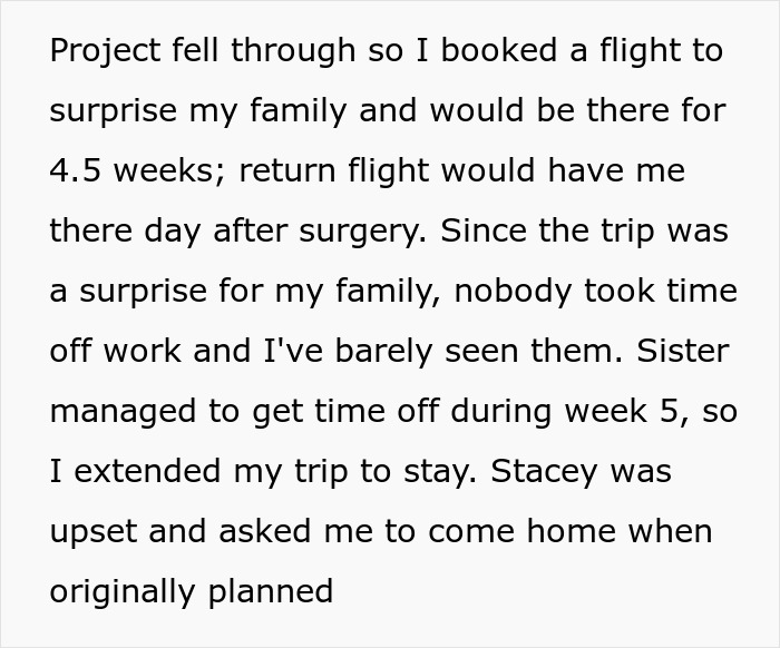 Text about surprise family visit planned around surgery, capturing feelings of drama and upset in relationship context.